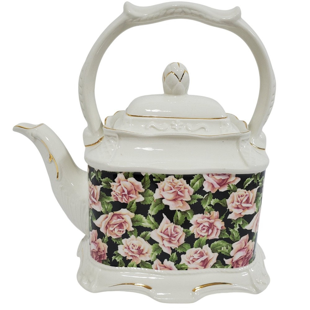 Crown Dorset Teapot Staffordshire England‎ Pink Rose Black Floral Gold Gilt Trim